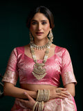 Pink Premium Satin Silk With Gold Zari With Fancy Pumpum Saree With Blouse Piece