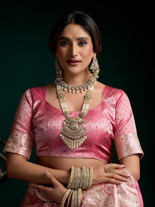 Pink Premium Satin Silk With Gold Zari With Fancy Pumpum Saree With Blouse Piece