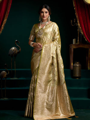 Green Premium Satin Silk With Gold Zari With Fancy Pumpum Saree With Blouse Piece