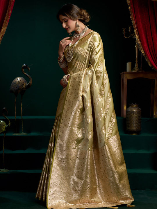 Green Premium Satin Silk With Gold Zari With Fancy Pumpum Saree With Blouse Piece