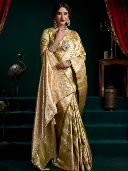 Green Premium Satin Silk With Gold Zari With Fancy Pumpum Saree With Blouse Piece
