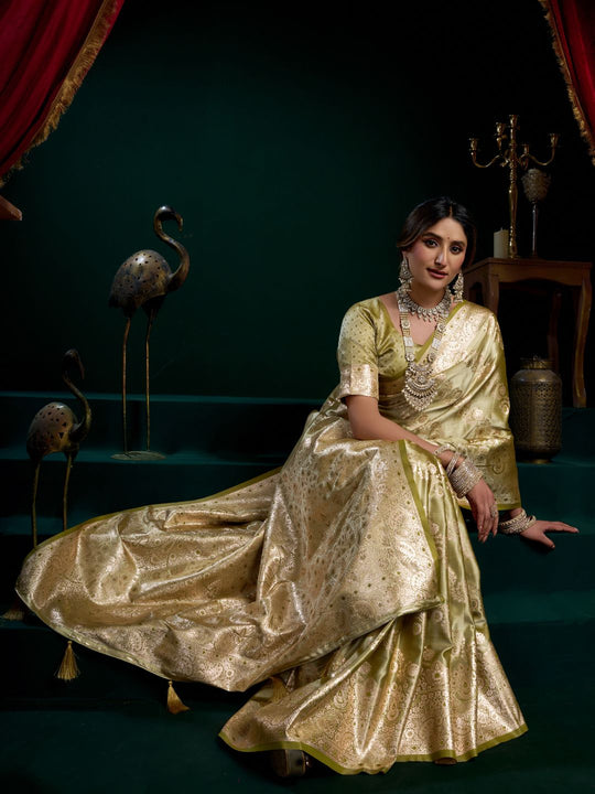 Green Premium Satin Silk With Gold Zari With Fancy Pumpum Saree With Blouse Piece