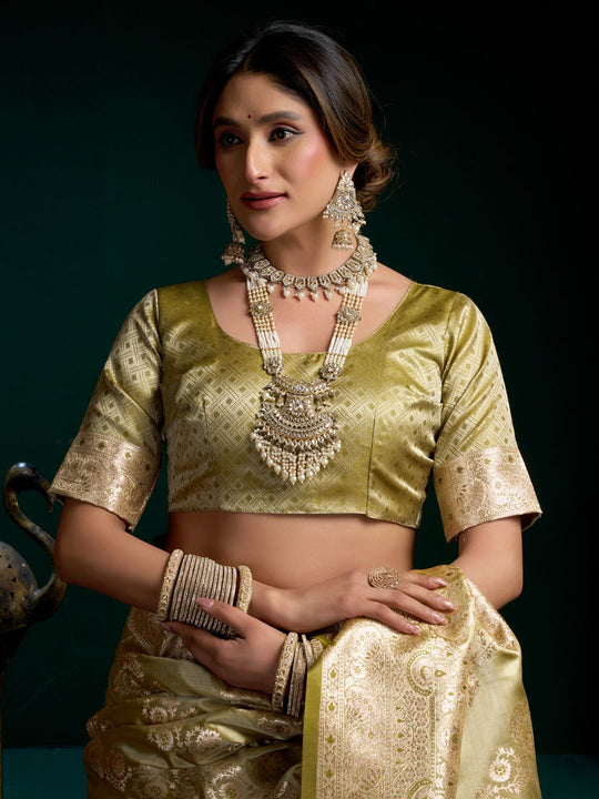 Green Premium Satin Silk With Gold Zari With Fancy Pumpum Saree With Blouse Piece