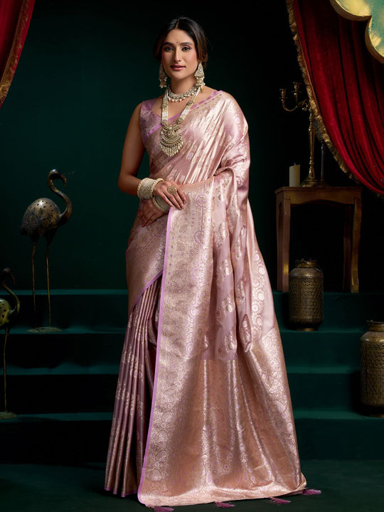 Lavender Premium Satin Silk With Gold Zari With Fancy Pumpum Saree With Blouse Piece