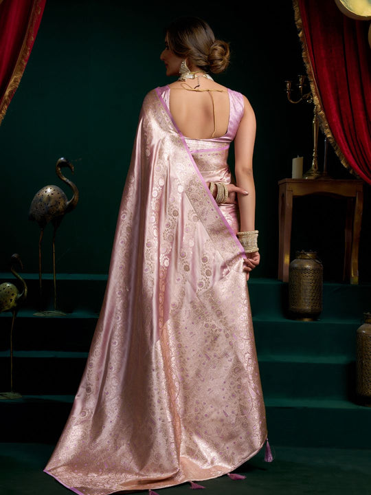 Lavender Premium Satin Silk With Gold Zari With Fancy Pumpum Saree With Blouse Piece
