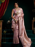 Lavender Premium Satin Silk With Gold Zari With Fancy Pumpum Saree With Blouse Piece