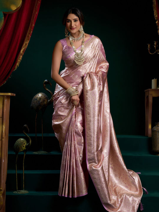 Lavender Premium Satin Silk With Gold Zari With Fancy Pumpum Saree With Blouse Piece