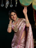 Lavender Premium Satin Silk With Gold Zari With Fancy Pumpum Saree With Blouse Piece