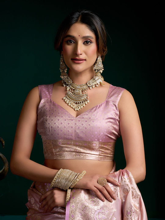 Lavender Premium Satin Silk With Gold Zari With Fancy Pumpum Saree With Blouse Piece