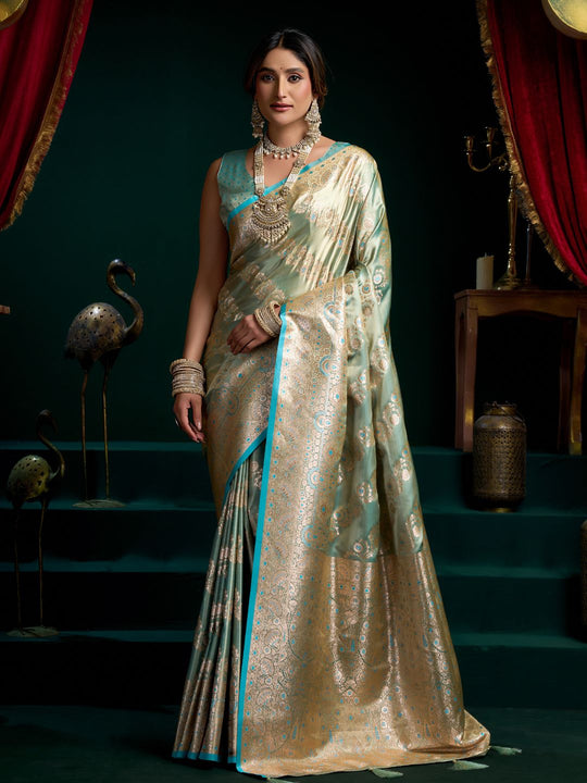 Blue Premium Satin Silk With Gold Zari With Fancy Pumpum Saree With Blouse Piece
