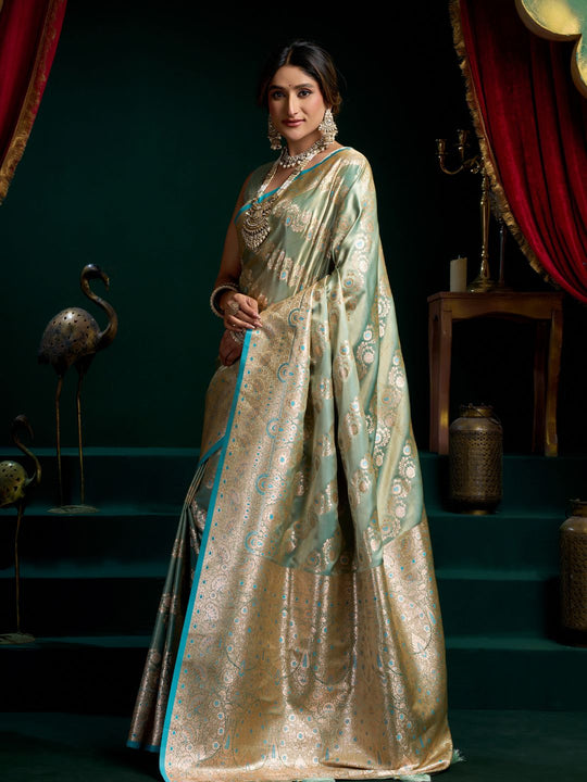 Blue Premium Satin Silk With Gold Zari With Fancy Pumpum Saree With Blouse Piece