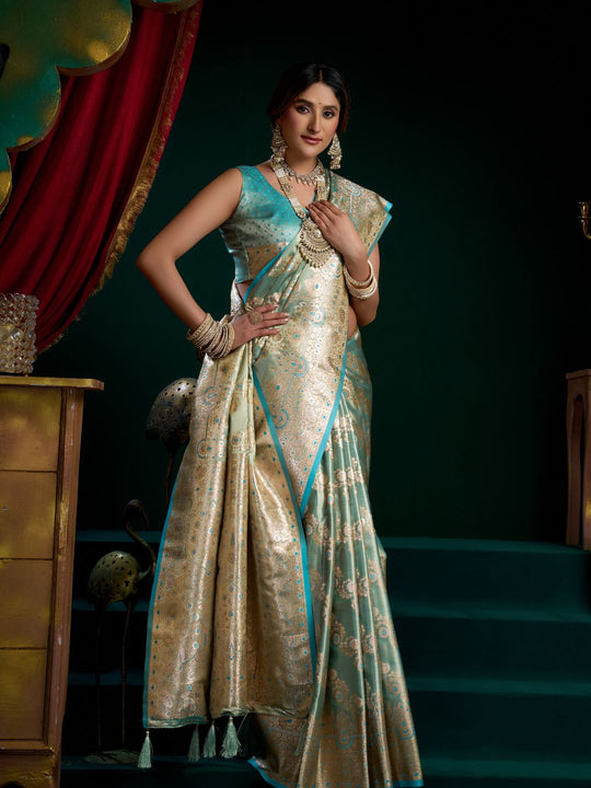Blue Premium Satin Silk With Gold Zari With Fancy Pumpum Saree With Blouse Piece