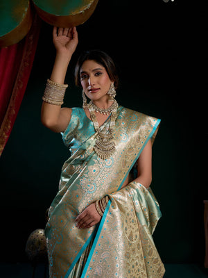 Blue Premium Satin Silk With Gold Zari With Fancy Pumpum Saree With Blouse Piece