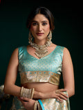 Blue Premium Satin Silk With Gold Zari With Fancy Pumpum Saree With Blouse Piece