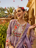 Floral Embroidered Thread Work Silk Chiffon Straight Kurta with Trousers & Dupatta