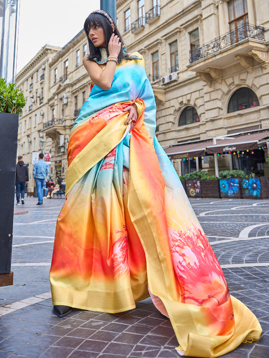 Multicolor Silk Printed Saree With Blouse Piece