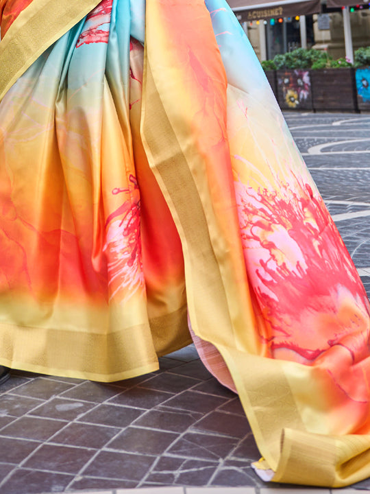 Multicolor Silk Printed Saree With Blouse Piece