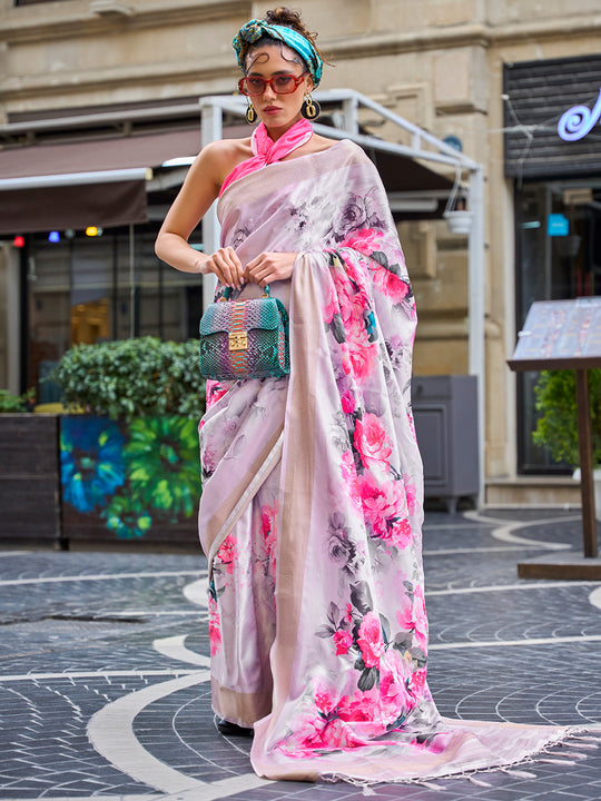 Pink Silk Printed Saree With Blouse Piece