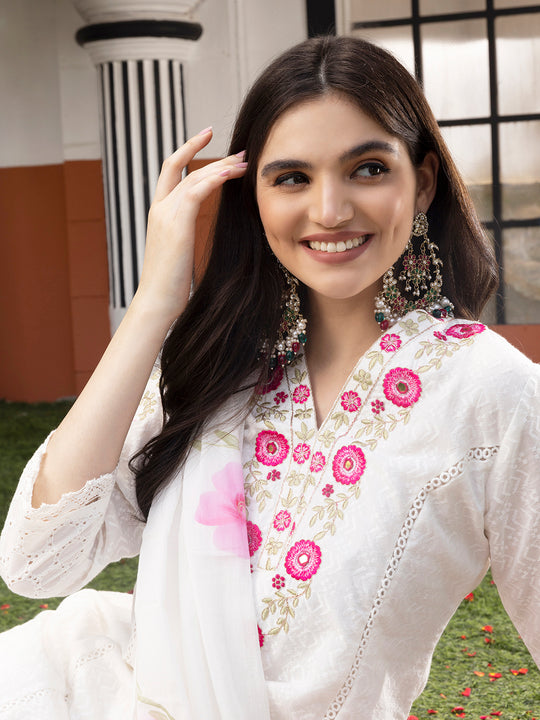 Floral Threadwork Embellished Cotton Kurta with Pants and Dupatta