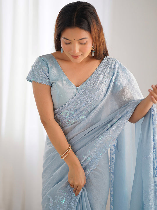 Sky Blue Tissue Silk Saree With Blouse Piece