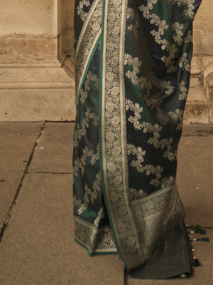 Green Satin Saree With Blouse Piece