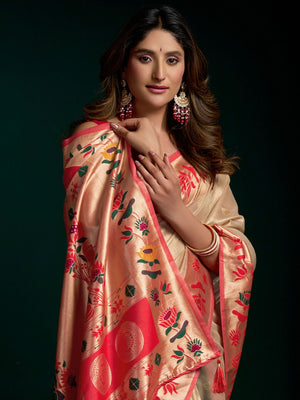 Tissue Paithani Saree Mina With Lotus Zari Border And Stylish Pum Pum Detailing