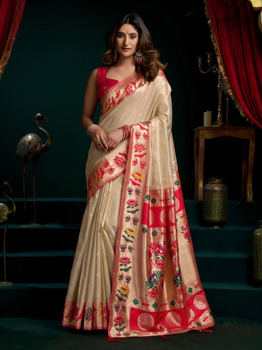 Tissue Paithani Saree Mina With Lotus Zari Border And Stylish Pum Pum Detailing