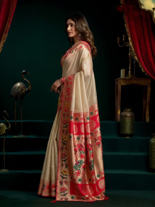 Tissue Paithani Saree Mina With Lotus Zari Border And Stylish Pum Pum Detailing