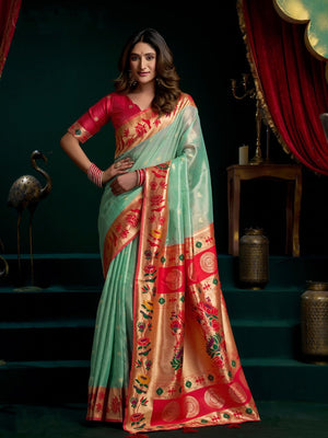 Tissue Paithani Saree Mina With Lotus Zari Border And Stylish Pum Pum Detailing