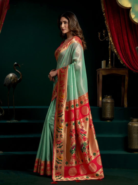 Tissue Paithani Saree Mina With Lotus Zari Border And Stylish Pum Pum Detailing
