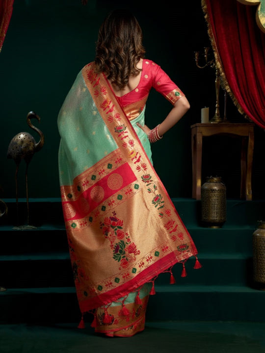 Tissue Paithani Saree Mina With Lotus Zari Border And Stylish Pum Pum Detailing
