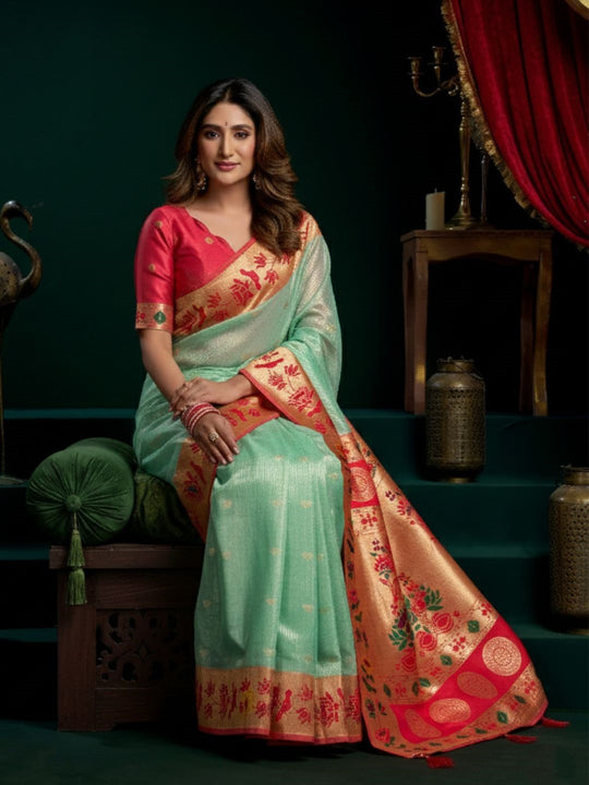 Tissue Paithani Saree Mina With Lotus Zari Border And Stylish Pum Pum Detailing