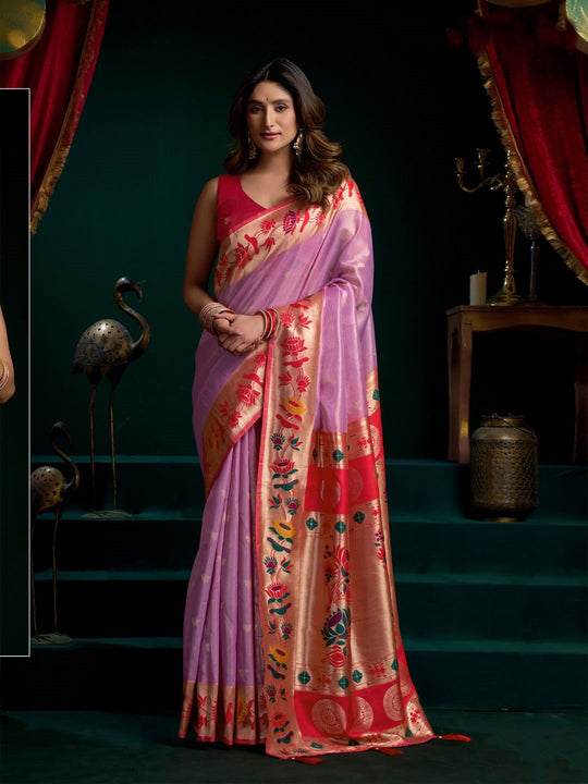 Tissue Paithani Saree Mina With Lotus Zari Border And Stylish Pum Pum Detailing