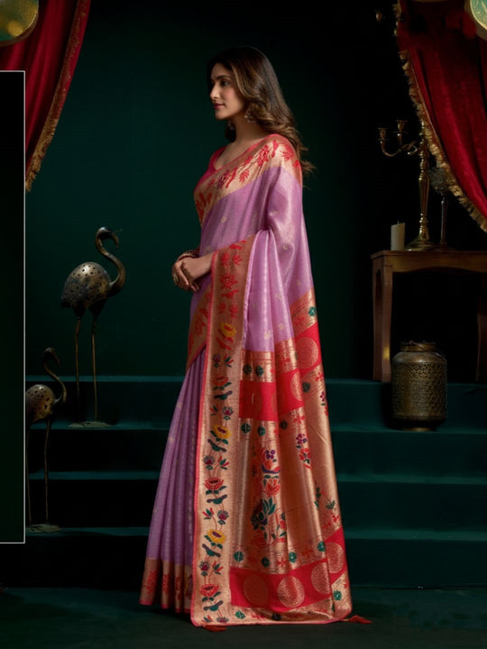 Tissue Paithani Saree Mina With Lotus Zari Border And Stylish Pum Pum Detailing