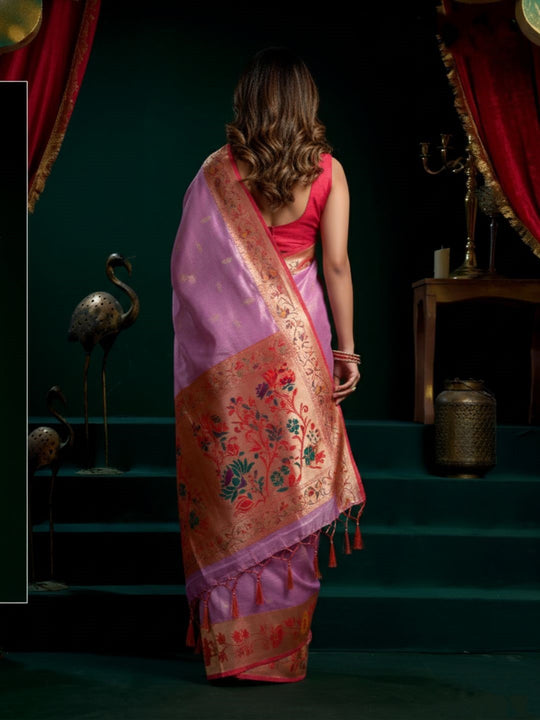 Tissue Paithani Saree Mina With Lotus Zari Border And Stylish Pum Pum Detailing