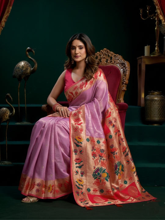 Tissue Paithani Saree Mina With Lotus Zari Border And Stylish Pum Pum Detailing