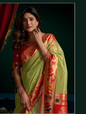 Tissue Paithani Saree Mina With Lotus Zari Border And Stylish Pum Pum Detailing