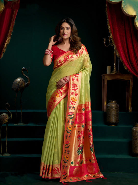 Tissue Paithani Saree Mina With Lotus Zari Border And Stylish Pum Pum Detailing
