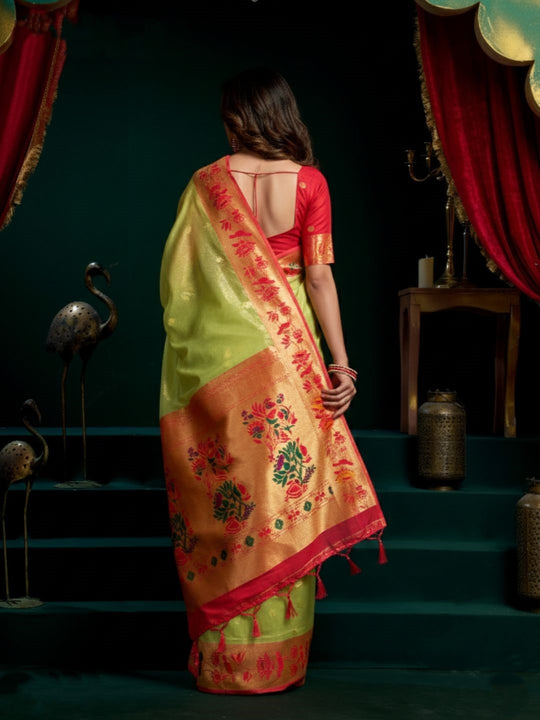 Tissue Paithani Saree Mina With Lotus Zari Border And Stylish Pum Pum Detailing