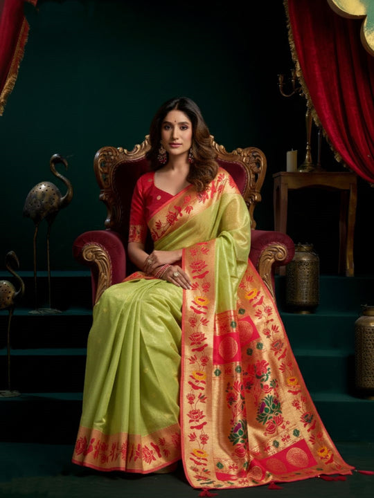 Tissue Paithani Saree Mina With Lotus Zari Border And Stylish Pum Pum Detailing