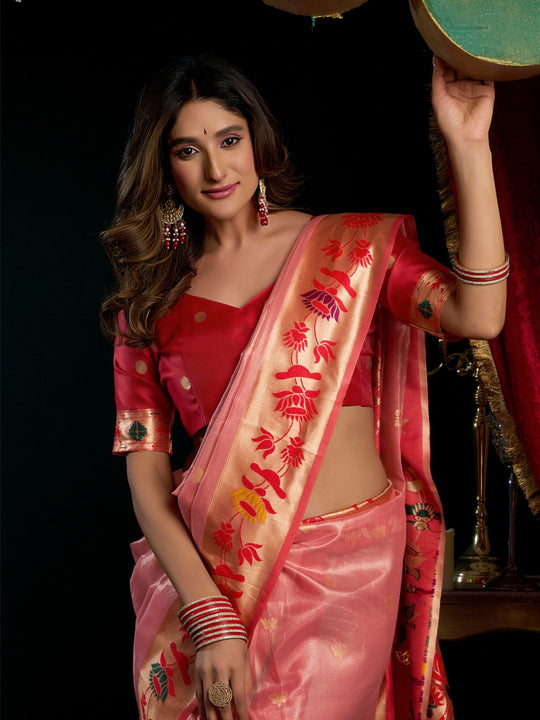 Tissue Paithani Saree Mina With Lotus Zari Border And Stylish Pum Pum Detailing