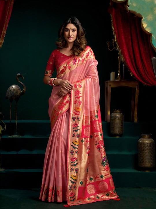 Tissue Paithani Saree Mina With Lotus Zari Border And Stylish Pum Pum Detailing