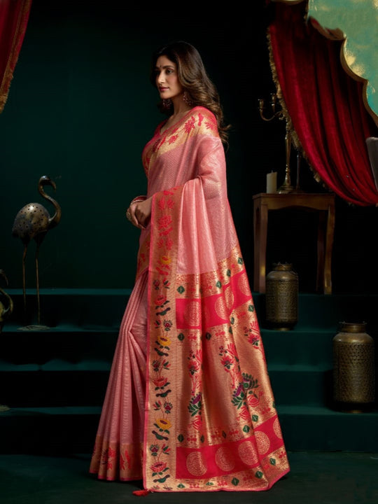Tissue Paithani Saree Mina With Lotus Zari Border And Stylish Pum Pum Detailing