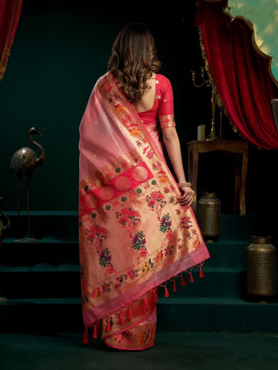 Tissue Paithani Saree Mina With Lotus Zari Border And Stylish Pum Pum Detailing