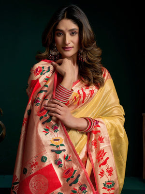Tissue Paithani Saree Mina With Lotus Zari Border And Stylish Pum Pum Detailing