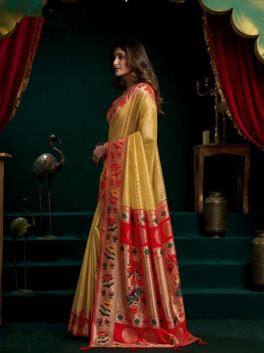 Tissue Paithani Saree Mina With Lotus Zari Border And Stylish Pum Pum Detailing