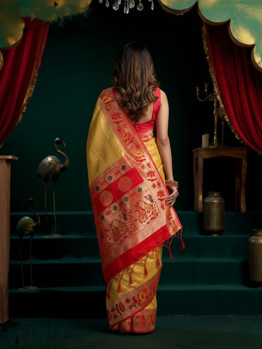 Tissue Paithani Saree Mina With Lotus Zari Border And Stylish Pum Pum Detailing