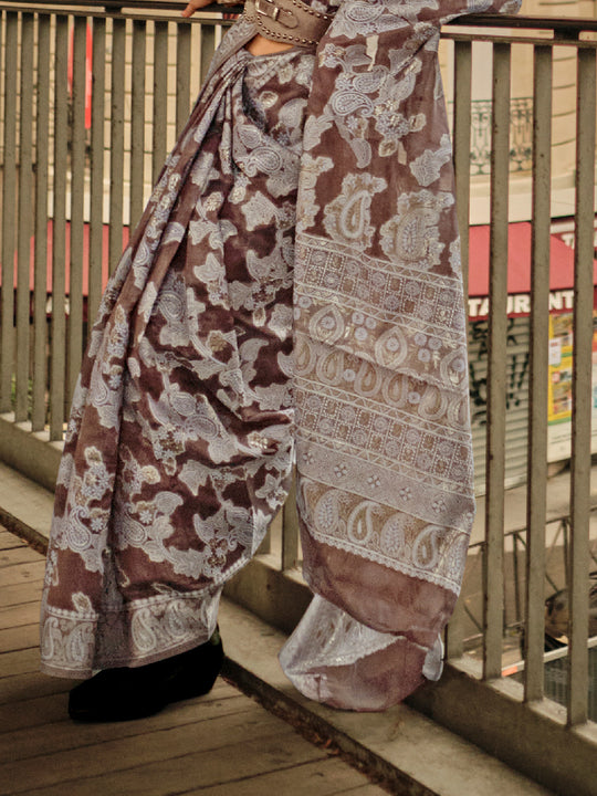 Brown Organza Chickankari Saree With Blouse Piece
