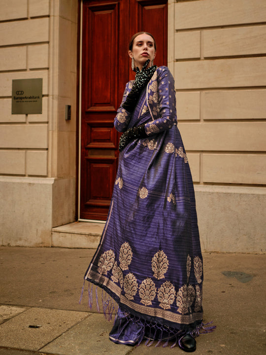 Purple Satin Saree With Blouse Piece