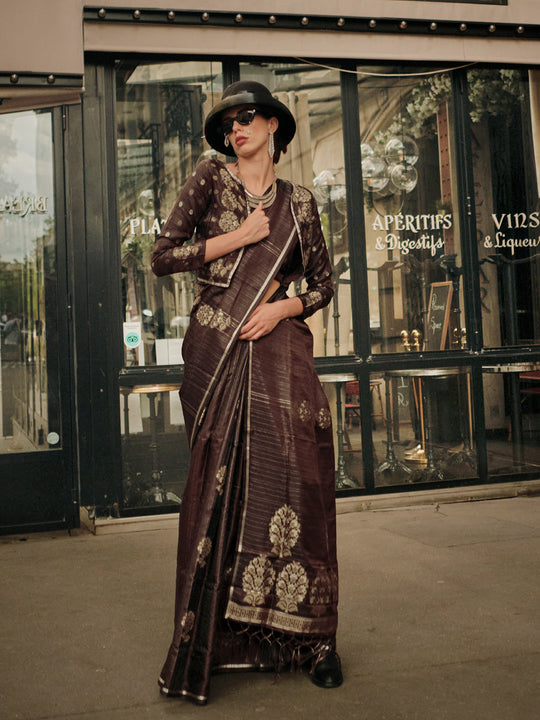 Brown Satin Saree With Blouse Piece